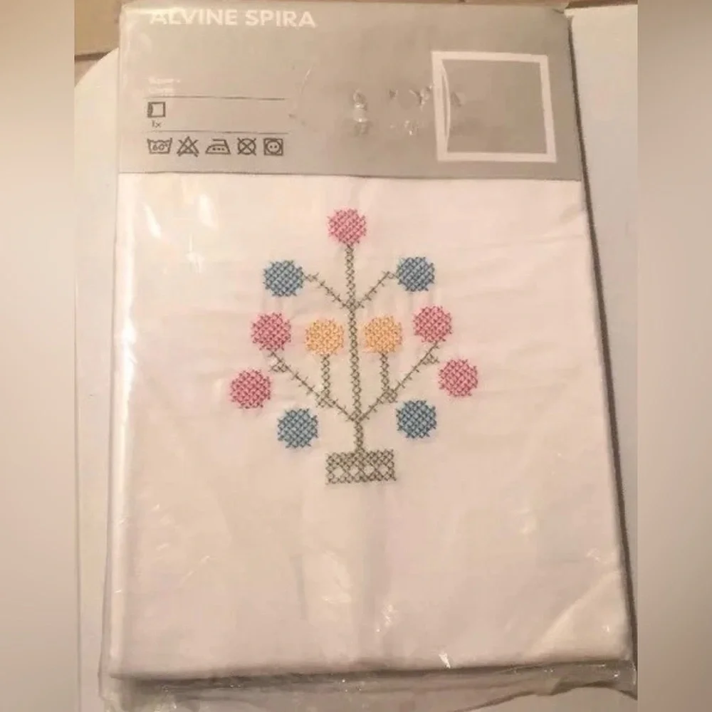 IKEA Alvine Spira White Pillowcase with Pink Blue Yellow Embroidery 26X26 Square